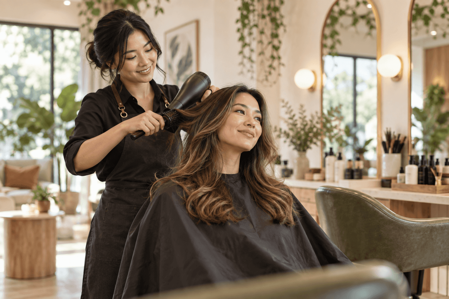 A beauty professional styling a client's hair in a warm modern salon